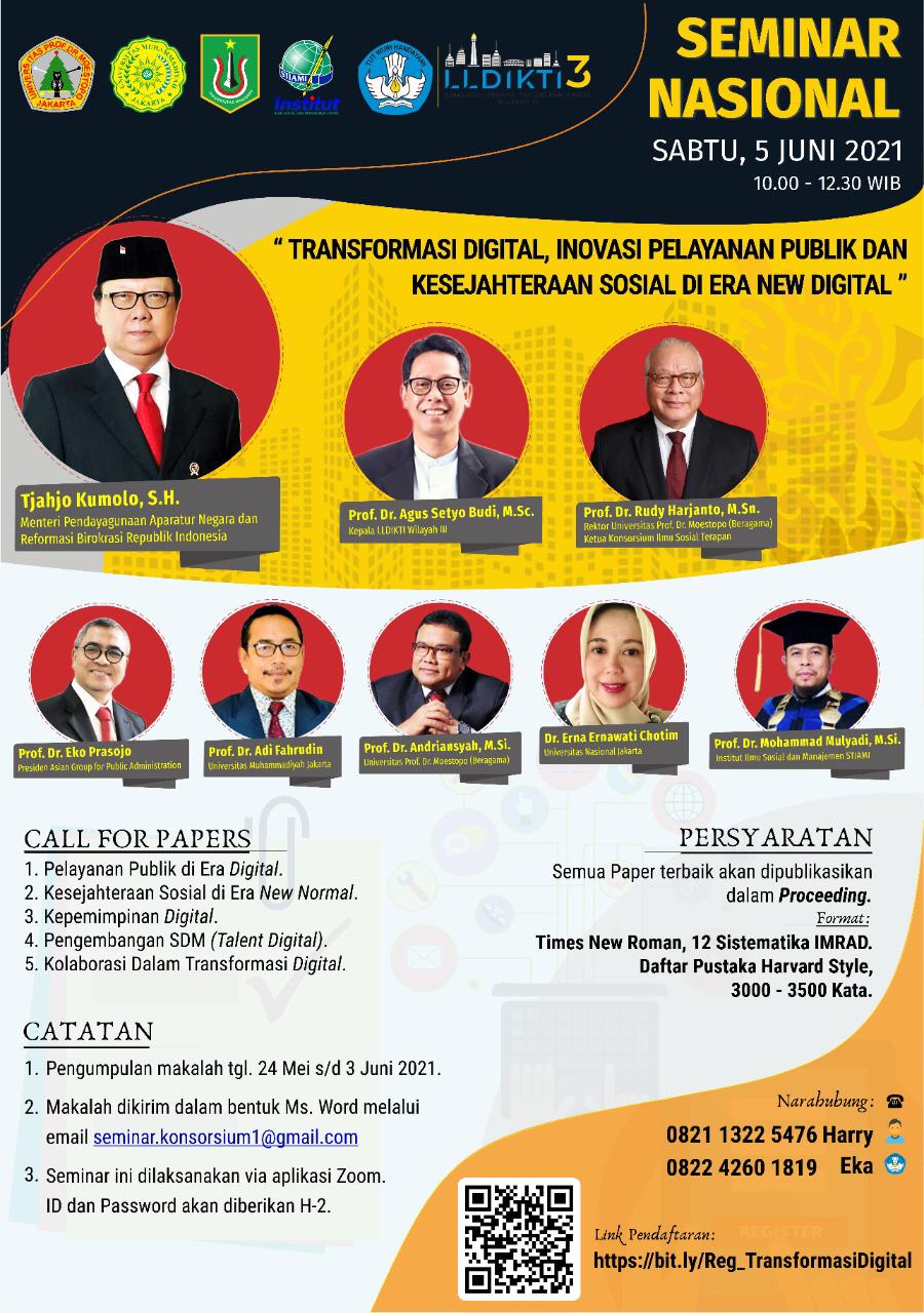 Read more about the article Seminar Nasional “Transformasi Digital, Inovasi Pelayanan Publik dan Kesejahteraan di Era New Digital”